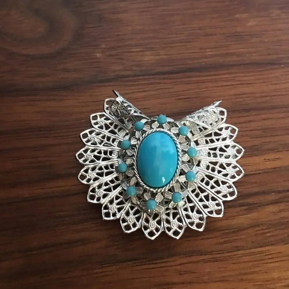 Ornate robin's egg blue and silver filigree convertible brooch, pendant